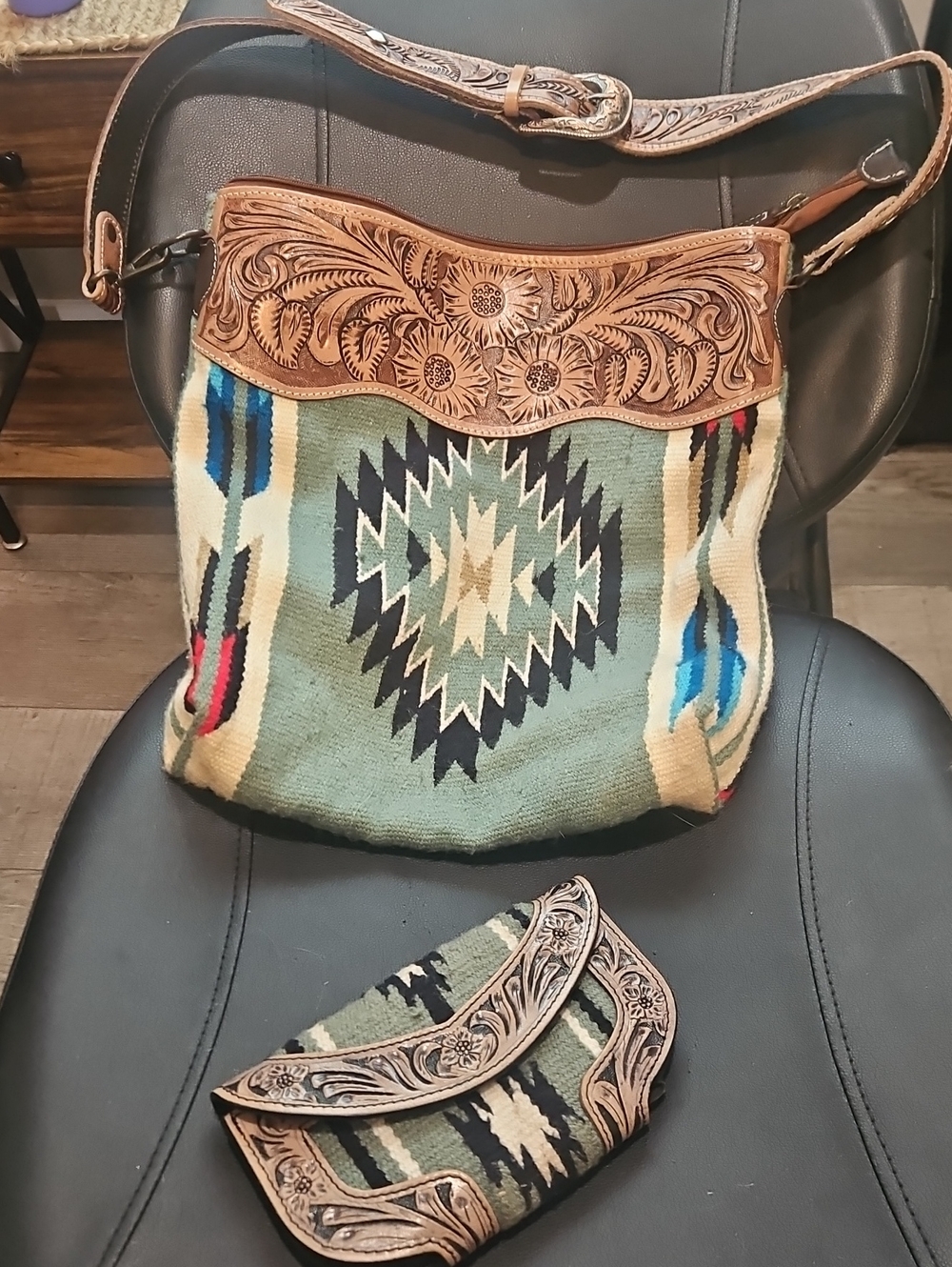 Tooled Leather Flap Shoulder Bag with blue Aztec Weave